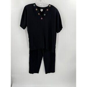 Vintage F Stop Black 2 Piece Outfit V Neck Short Sleeve Top Cropped Pants LARGE